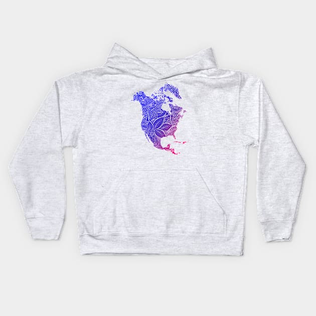 Colorful mandala art map of North America with text in blue and violet Kids Hoodie by Happy Citizen